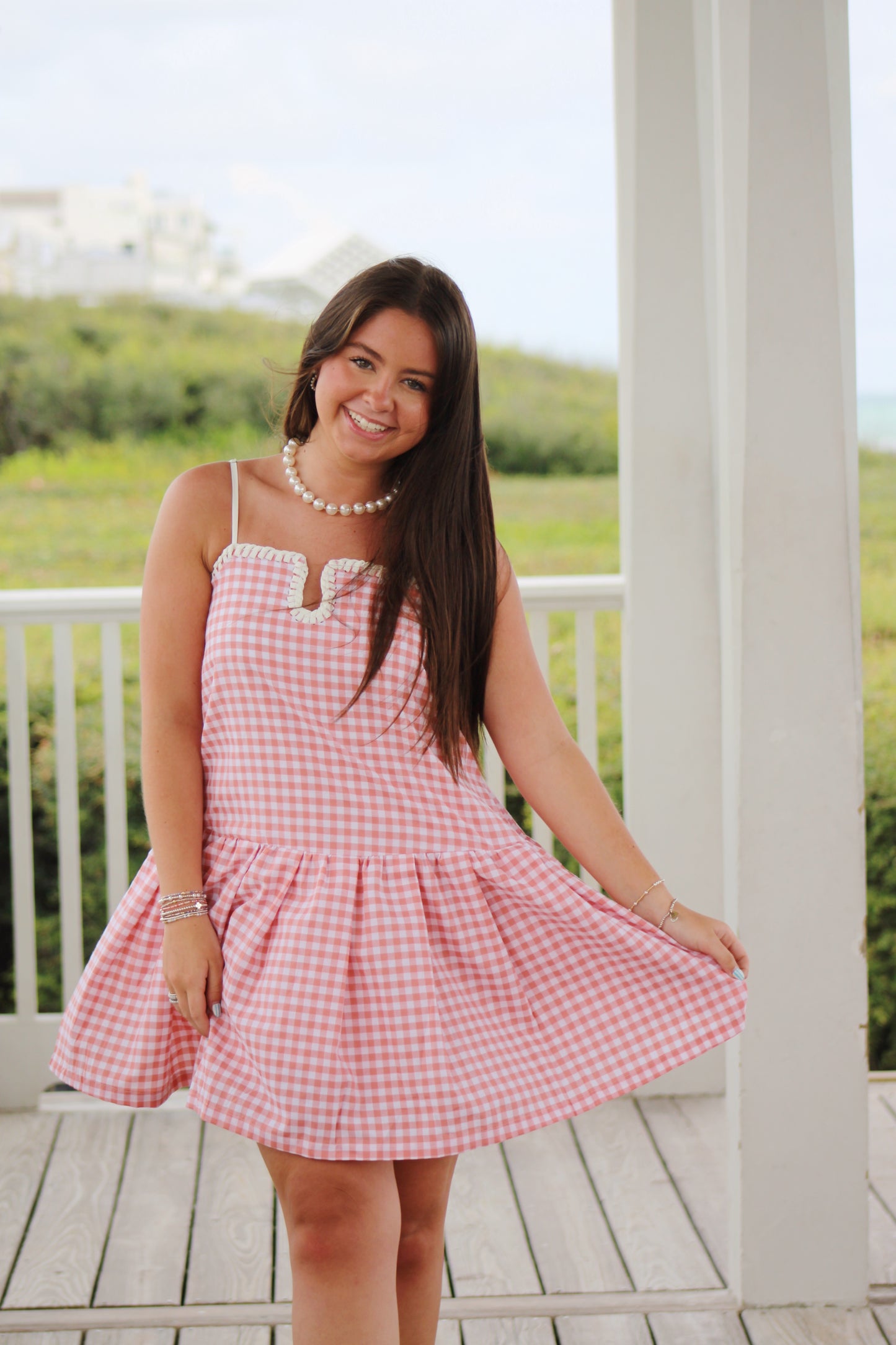 Peach Gingham Mini Dress