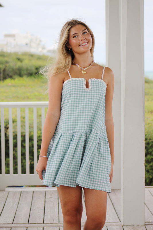 Minty Gingham Mini Dress