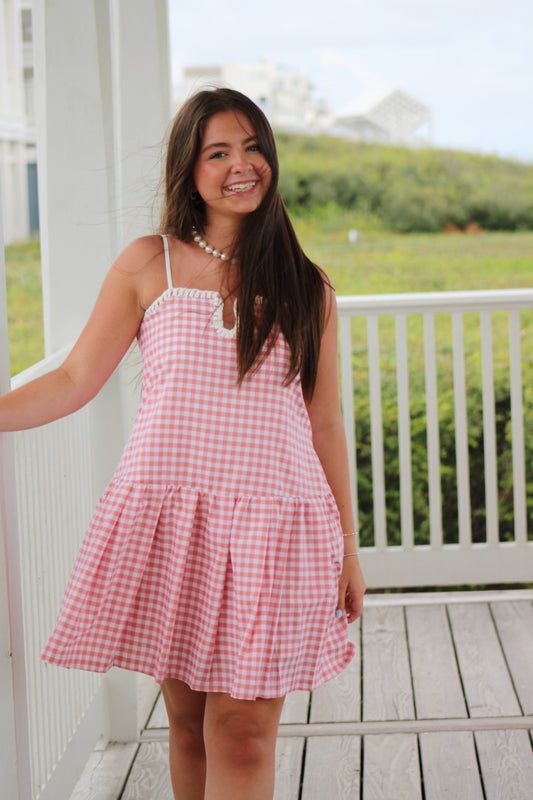 Peach Gingham Mini Dress